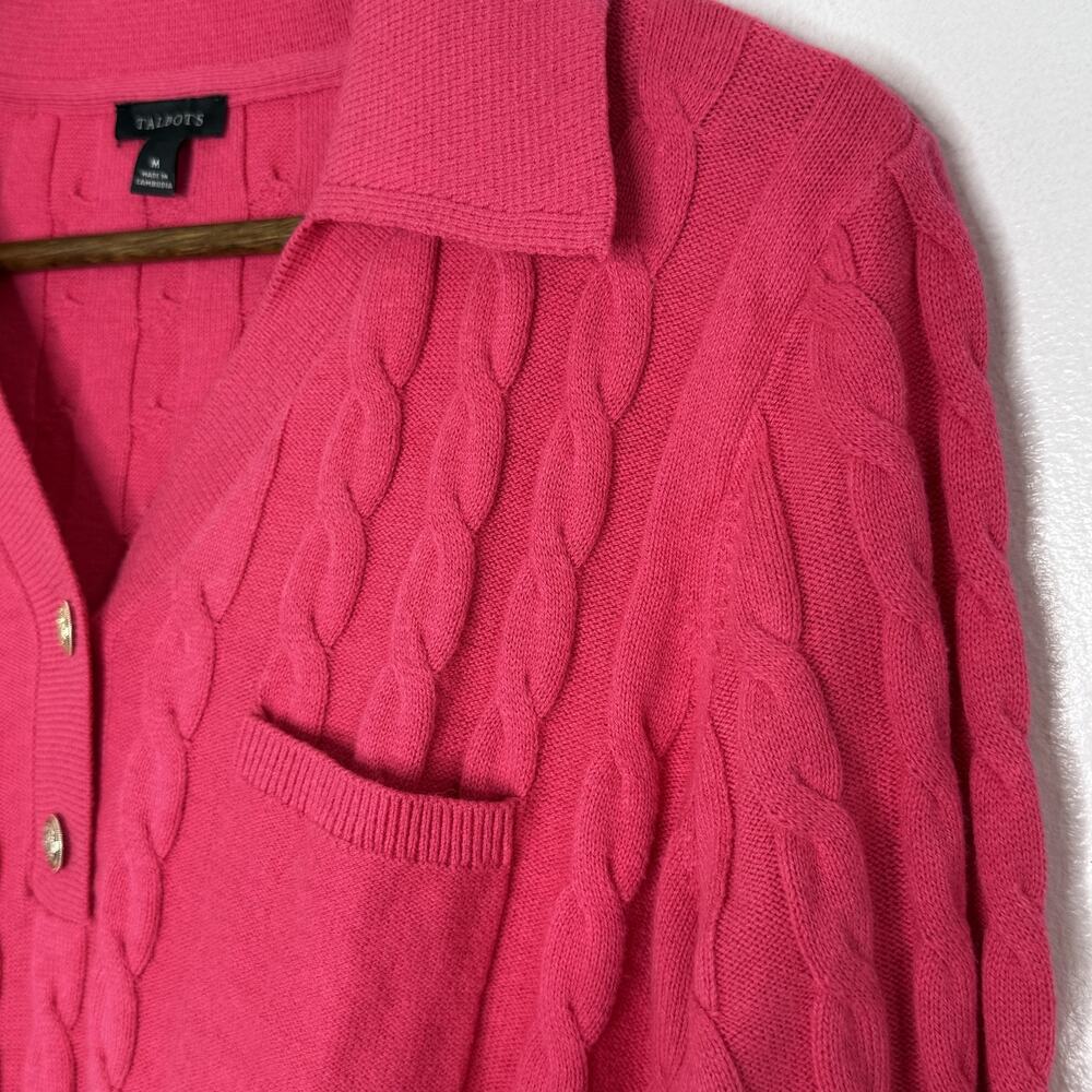 Talbots Cable Knit Sweater Medium Pink Collared Pullover Long Sleeve Womens